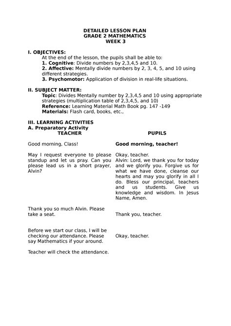 Detailed Lesson Plan Math Week 3 Detailed Lesson Plan Grade 2 Mathematics Week 3 I Objectives