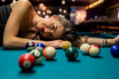 Premium Photo Sexy Female Pool Player Wear Black Dress Lying On