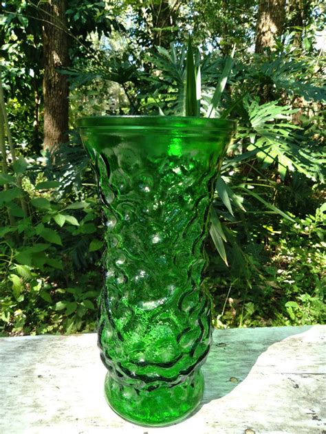 Vintage Hoosier Emerald Crinkled Textured Glass Vase Mid Century