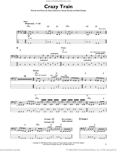 Crazy Train Sheet Music For Bass Solo Pdf