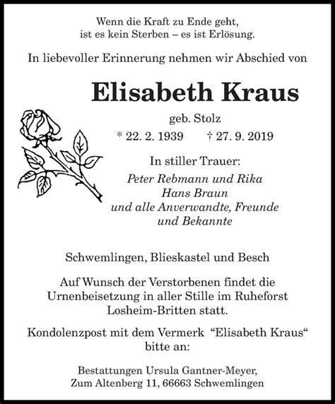 Traueranzeigen Von Elisabeth Kraus Saarbruecker Zeitung Trauer De