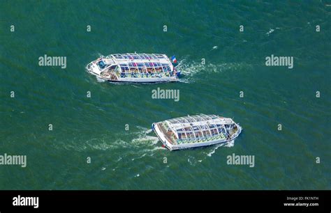 Tourist boat swimming Seine - aerial view from Eiffel Tower, Paris ...