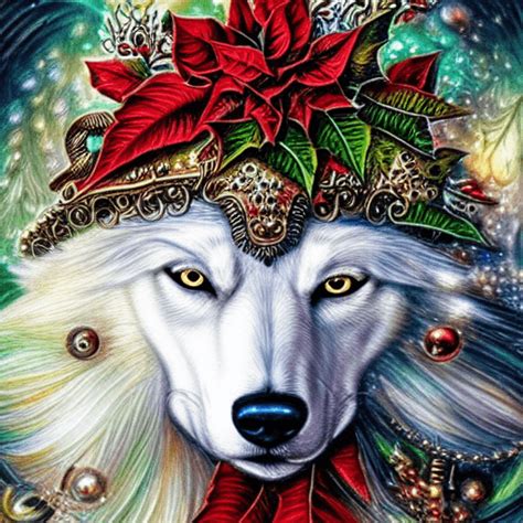 Christmas Wolf with Poinsettias · Creative Fabrica