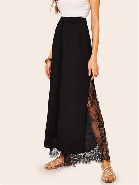 SHEIN Elastic Waist Eyelash Lace Insert Palazzo Pants Lace Pants