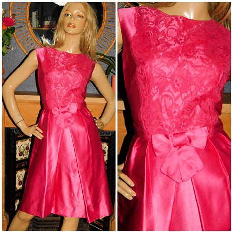 Vintage S HOT PINK Satin Lace BOW Front Cocktail Party Dress Xs