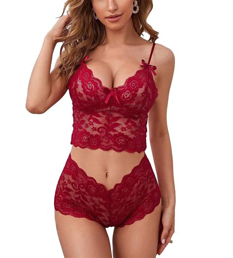 Lilosy Sexy Sheer Floral Lace Pajamas Lingerie Set High Waist Sleepwear