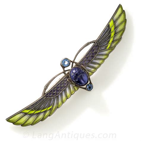 Silver Plique A Jour Egyptian Revival Winged Scarab Brooch