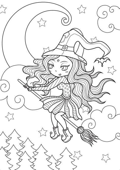 Simple Happy Witch Halloween Adult Coloring Pages