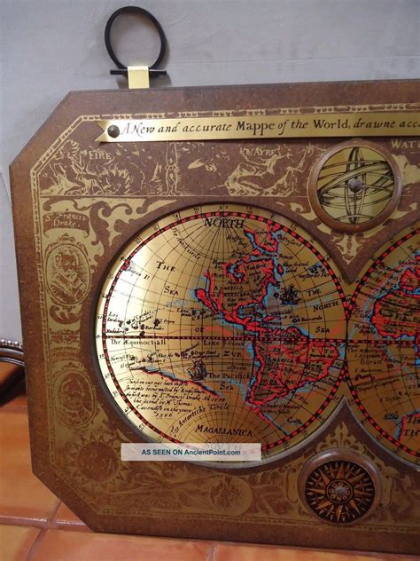 Vintage / Mid Century 1964 Masketeers Brass & Wood Map Of The World In 1628