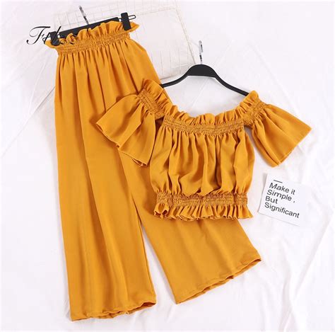 Sexy Boho Two Piece Sets Woman Fashion Off The Shoulder Crop Top Loose Pants Summer Suits 2018