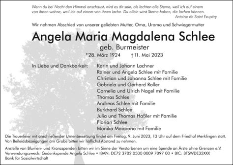 Traueranzeigen Von Angela Maria Magdalena Schlee Schwaebische De