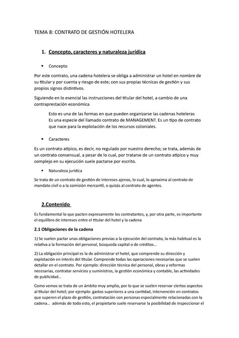 TEMA 8 Apuntes 8 TEMA 8 CONTRATO DE GESTIÓN HOTELERA 1 Concepto