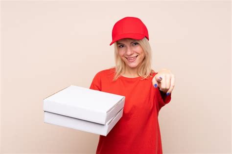 premium photo pizza delivery russian woman holding  pizza