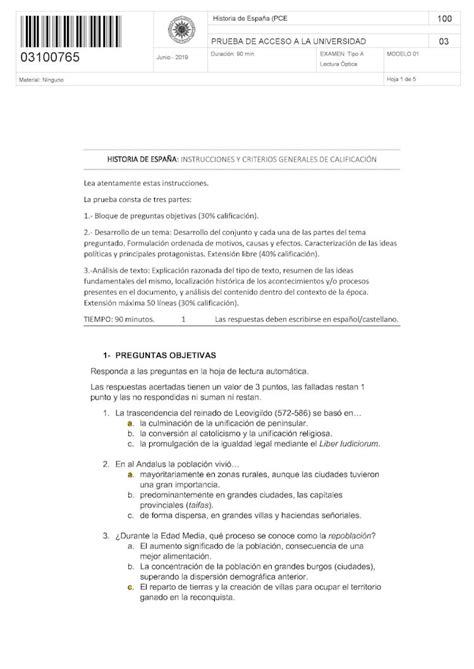 PDF Examen PCE UNED Hisroria de España 2019 Modelo resuelto