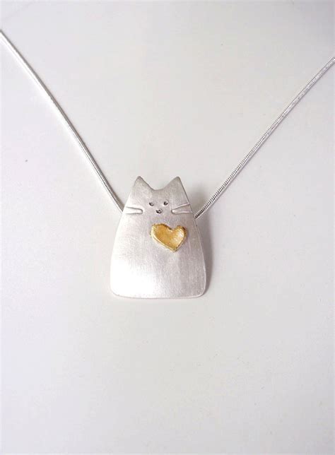 Cat Jewelry Cat Pendant Necklace With A Pure Gold Heart