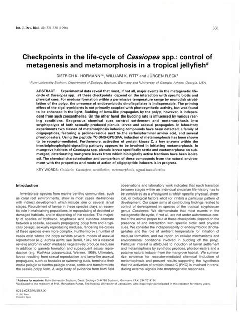 Checkpoints in the Life-Cycle of Cassiopea Spp.: Control of Metagenesis ...