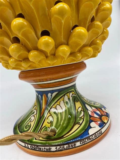 Pierced Pine Cone Lamp Caltagirone Ceramic Cm H 30 L 20 Artisan Yellow