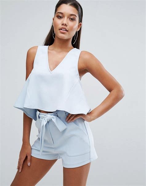 Parallel Lines Crop Swing Top With Deep V Co Ord Blue Wrap Maxi Skirt