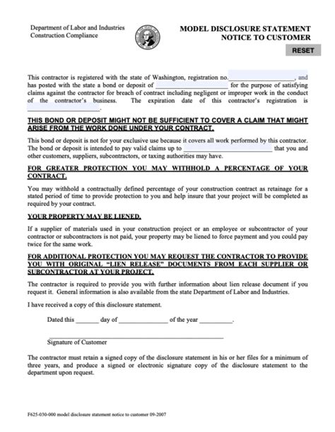 Washington Model Disclosure Statement Form Free Template