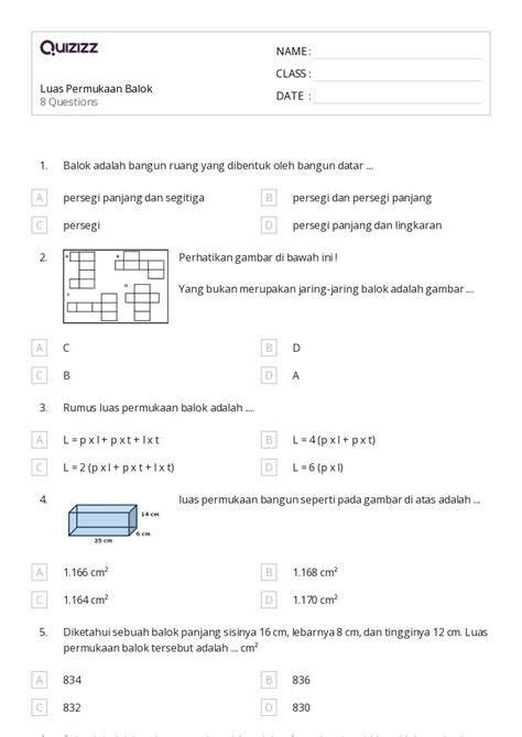 Lembar Kerja Volume Dan Luas Permukaan Untuk Kelas Di Quizizz