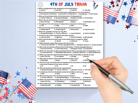 Printable USA Trivia Game Independence Day Trivia Printable 4th Of July