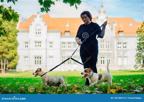 A Woman With Two Dogs On A Leash In A Park In Autumn Stock Photo