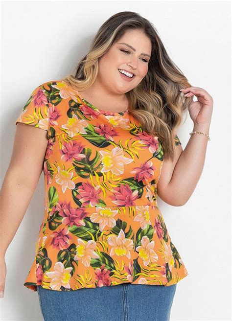 Blusa Peplum Plus Size Floral Laranja Marguerite