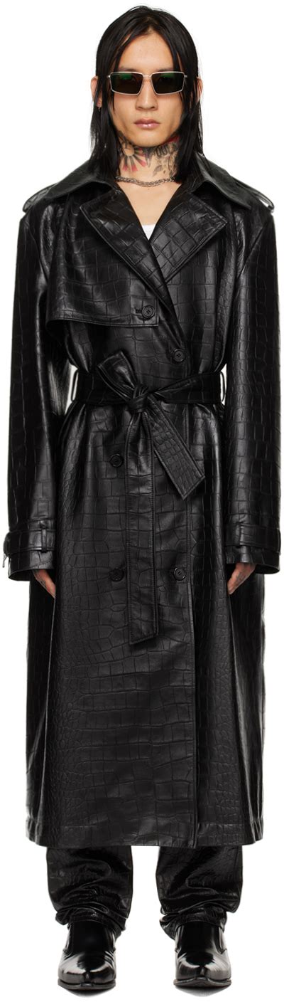 Black Croc Faux Leather Trench Coat By LU U DAN On Sale