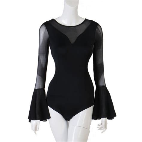 Womens Black Latin Ballroom Dance Bodysuits Tops Stage Performance