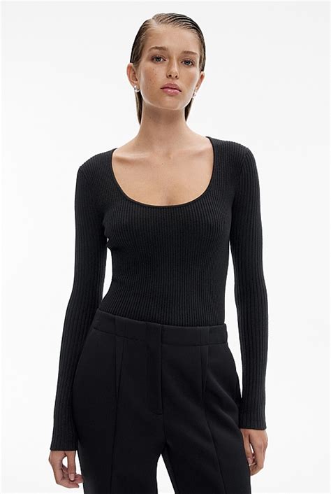 Black Scoop Neck Long Sleeve Knit Womens Workwear Tops Witchery