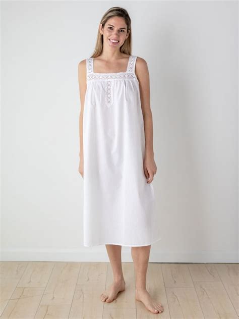 Strap Sleeve White Lace Trim Below Knee Length Cotton Nighties Cotton