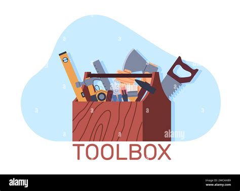 Tool Box Wooden Container With Different Instruments For Mechanic And