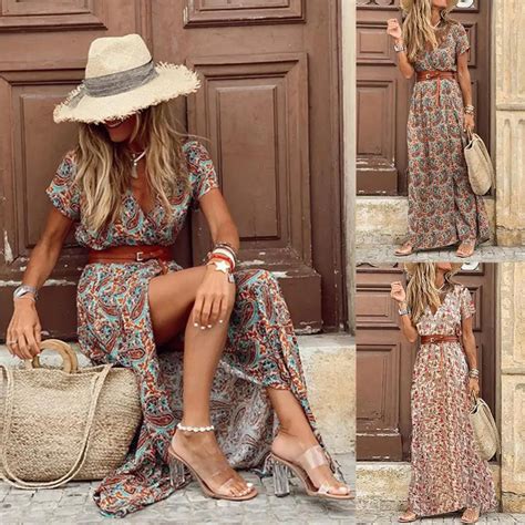 Robe T Plage Maxi Robe Femmes Imprim Fleuri Boho Longue Robe