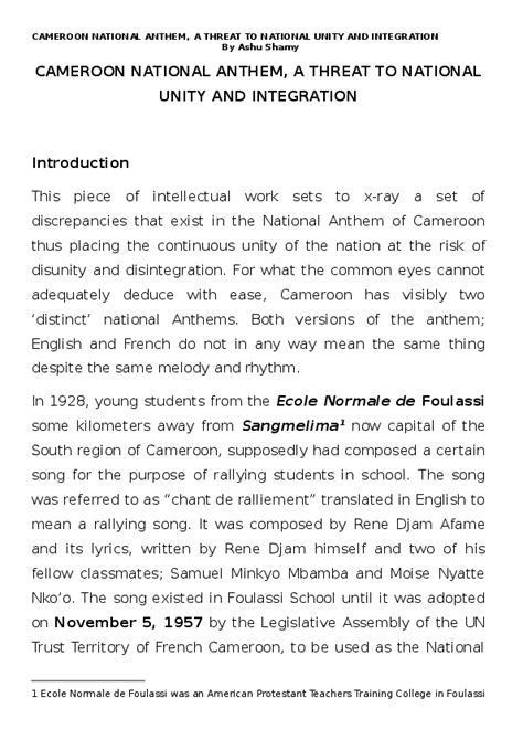 (DOC) CAMEROON NATIONAL ANTHEM, A THREAT TO UNITY AND INTEGRATION