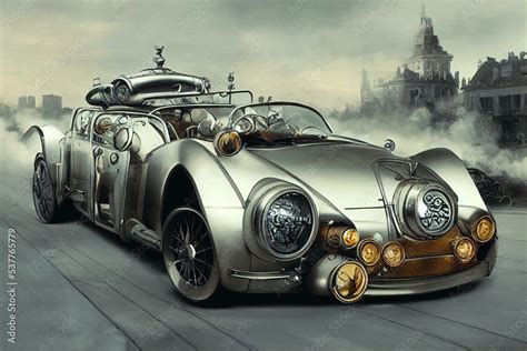 Steampunk Fantasy Retro Futuristic Sport Luxury Car Digital Art Illustration Made With