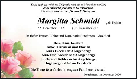 Traueranzeigen Von Margitta Schmidt M Rkische Onlinezeitung Trauerportal