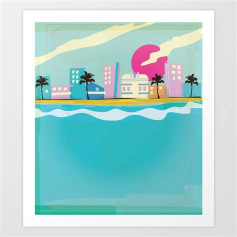 Retro 1980s Miami cartoon seafront Art Print by Nicks Emporium | Society6