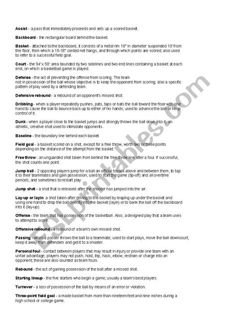 Basketball vocabulary - ESL worksheet by tazzzman