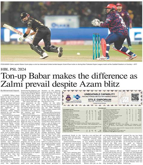 Dawn Epaper Feb 27 2024 Hbl Psl 2024 Ton Up Babar Makes The