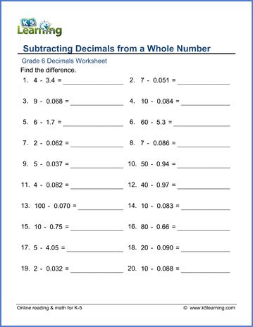 Grade 6 Math Worksheet Decimals Long Division Of Decimals By Whole