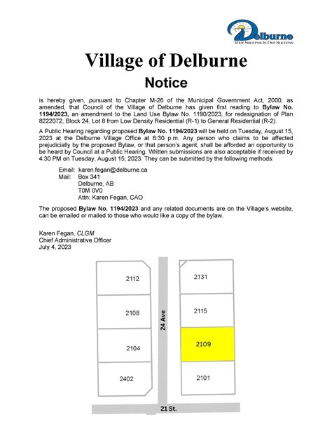 Proposed Bylaws Notices Village Of Delburne Alberta