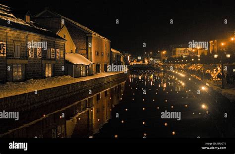 Floating candles in the canal at the Otaru Snow Gleaming Path Festival ...