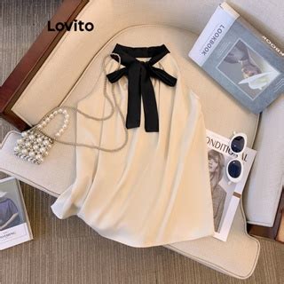 Lovito Women Casual Plain Colorblock Bow Lace Up Tank Top Lne