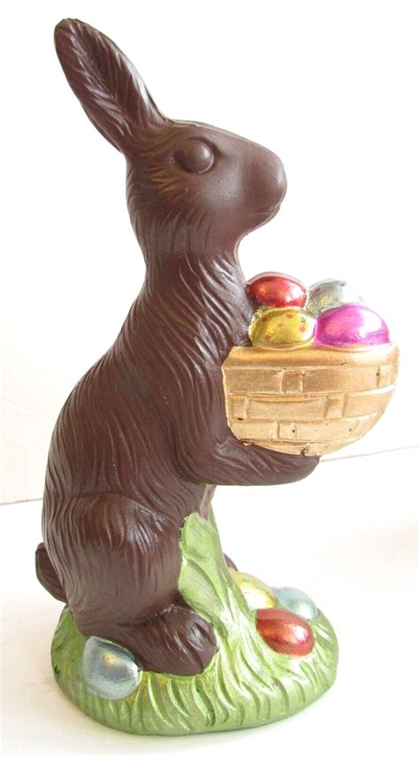 Faux Chocolate Easter Bunny Rabbit Holding Basket Of Eggs Decor