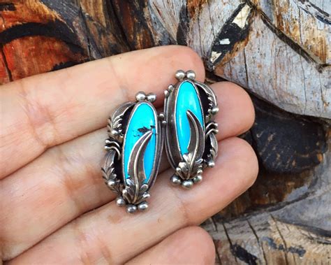 Traditional Navajo Turquoise Earrings With Sterling Silver Feather Design Native American