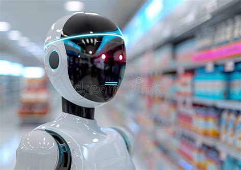 High Tech Robot Shopping In A Modern Grocery Store Aisle Stock Photo