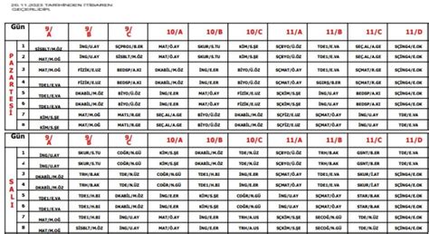 20 Kasım 2023 Tarihli Güncel Ders Programı Şehit İdris Bolat Anadolu