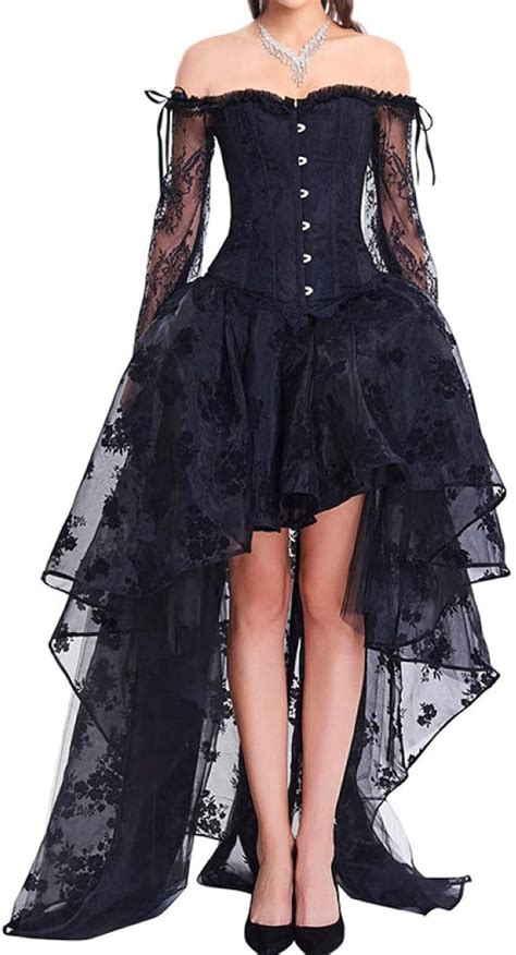 Long Sleeve Lace Sexy Gothic Bustier Dress Set Steampunk Corset