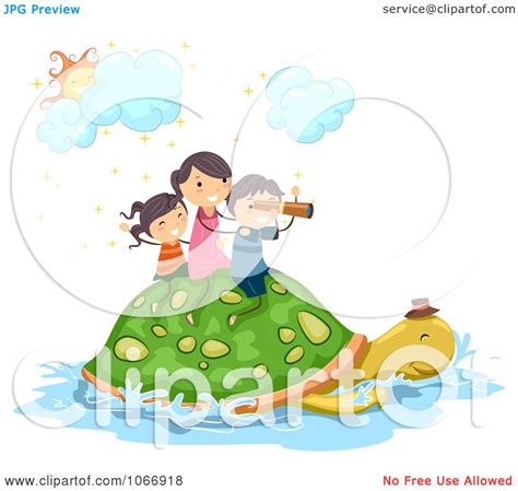 Clipart Stick Kids Riding On A Turtle Royalty Free Vector