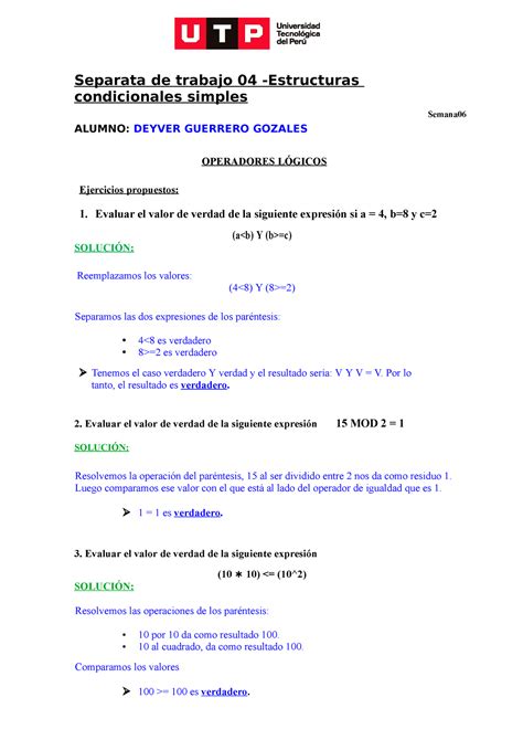 Semana Tarea Resolver Ejercicios Separata De Trabajo